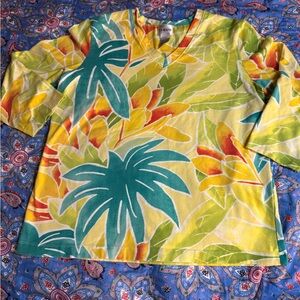Chico's Vibrant Tropical Leaf Pattern Top 3/4 Sleeves Sz 2 Cruise Resort Wear